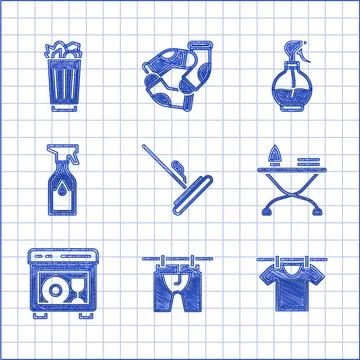 Set Mop, Drying clothes, Iron and ironing board, Dishwasher machine, Cleani.. Stock Illustration
