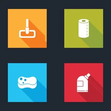 Set Mop, Paper towel roll, Sponge and Bottles for cleaning agent icon. Vector Stock Illustration