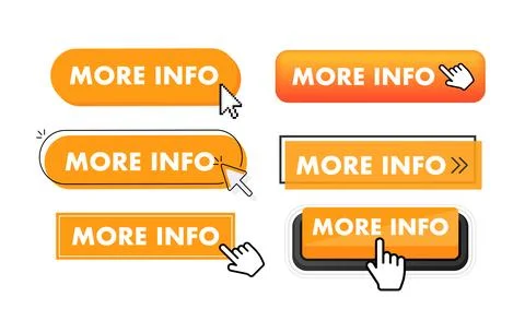 Set of more info button. Hand pointer clicking. More info web buttons Stock Illustration