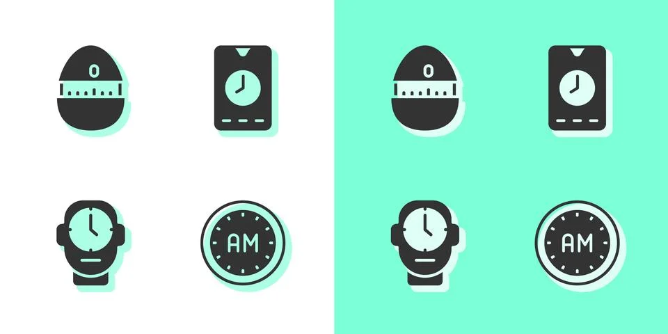Set Morning time, Kitchen timer, Clock and Alarm clock app mobile icon. Vecto Stock Illustration