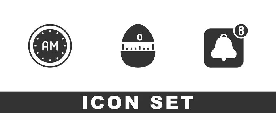 Set Morning time, Kitchen timer and Alarm clock app mobile icon. Vector Stock Illustration