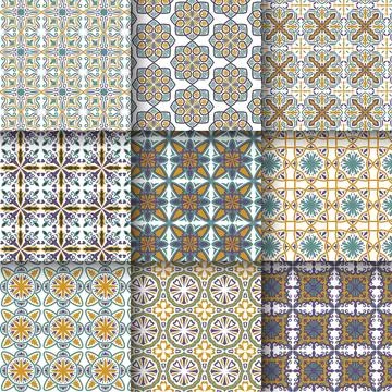 Set of Moroccan pattern set collection, Lisbon floral mosaic, Mediterranean.. Stock Illustration