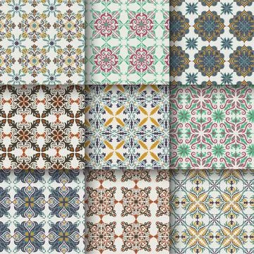Set of Moroccan pattern set collection, Lisbon floral mosaic, Mediterranean.. Stock Illustration