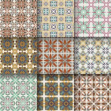 Set of Moroccan pattern set collection, Lisbon floral mosaic, Mediterranean.. Stock Illustration