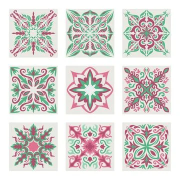 Set of Moroccan tile pattern set collection, morocan Flower, Lisbon floral .. Stock Illustration
