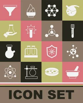 Set Mortar and pestle, Molecule, Test tube flask, Chemical explosion, Funne.. 스톡 일러스트