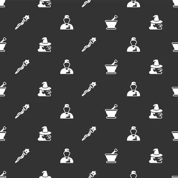 Set Mortar and pestle, Witch, Magic staff and Wizard warlock on seamless pa.. Stock Illustration