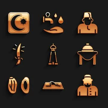 Set Mosque tower or minaret, Muslim man prays, Table food, Date fruit, Arabian Illustration