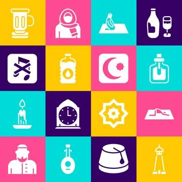 Set Mosque tower or minaret, Muslim man prays, Perfume, Bottle of water, Sp.. Illustration