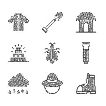 Set Mosquito, Camping hat, Hunter boots, Flashlight, Cloud with rain, Chichen Ilustración de archivo