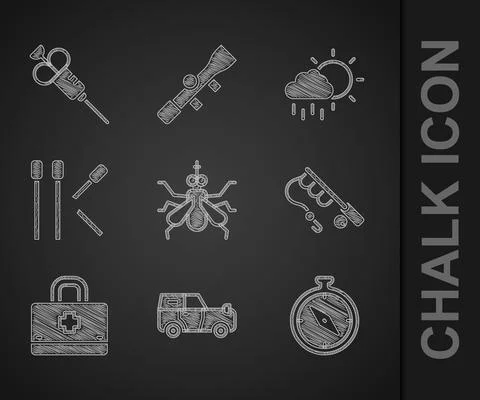 Set Mosquito, Off road car, Compass, Fishing rod, First aid kit, Matches, Cloud Illustration