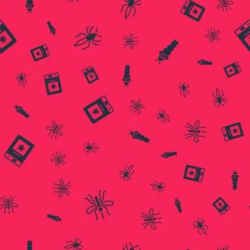 Set Mosquito, Spider, Book about insect and Larva on seamless pattern. Vector Stock Illustration