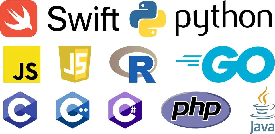 Set of most popular script and programming computer languages logos. Coding.. Stock Illustration