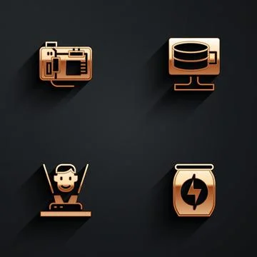 Set Motherboard, Cloud database, Hologram and Energy drink icon with long shadow Stock Illustration
