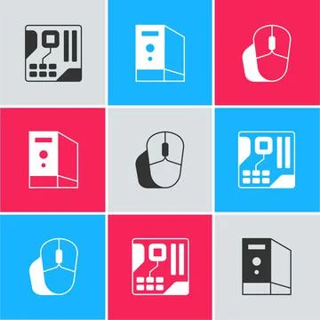 Set Motherboard digital chip, Case of computer and Computer mouse icon. Vector Stock Illustration