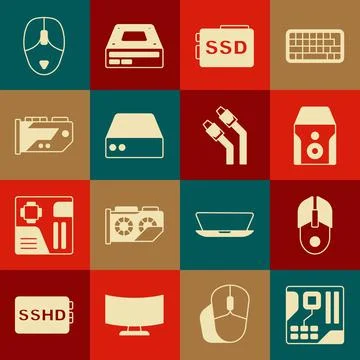 Set Motherboard digital chip, Computer mouse, Uninterruptible power supply, SSD イラスト素材