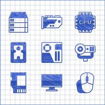 Set Motherboard digital chip, Computer monitor screen, mouse, Web camera, SD Stock Illustration