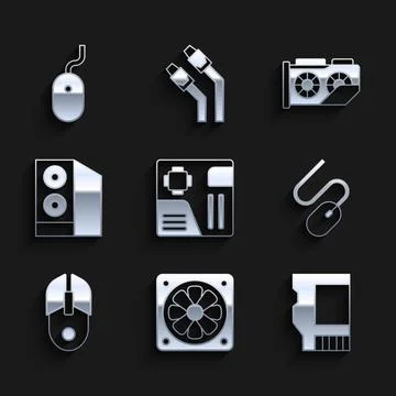 Set Motherboard digital chip, Computer cooler, SD card, mouse, Case of computer Stock Illustration