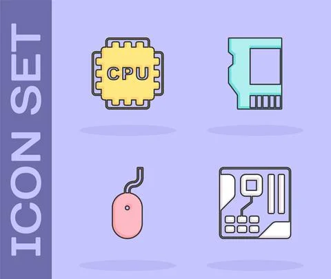 Set Motherboard digital chip, Processor with CPU, Computer mouse and SD card Illustrazione stock
