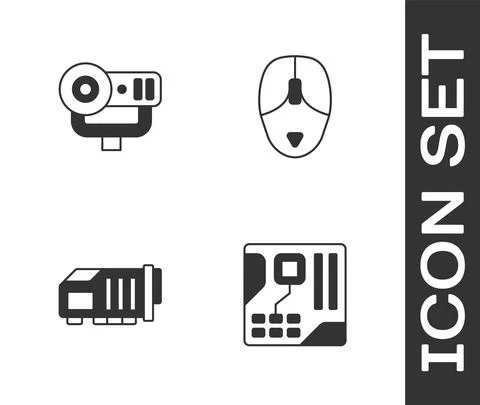 Set Motherboard digital chip, Web camera, Video graphic card and Computer mouse 스톡 일러스트