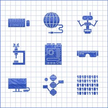 Set Motherboard, DNA symbol, Binary code, Smart glasses, Tv, Microscope, Robot 스톡 일러스트