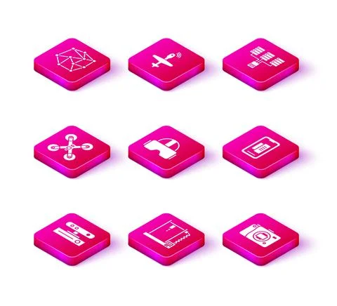 Set Motion sensor, 3D printer, Drone flying, Virtual reality glasses, Mirrorless Stock Illustration