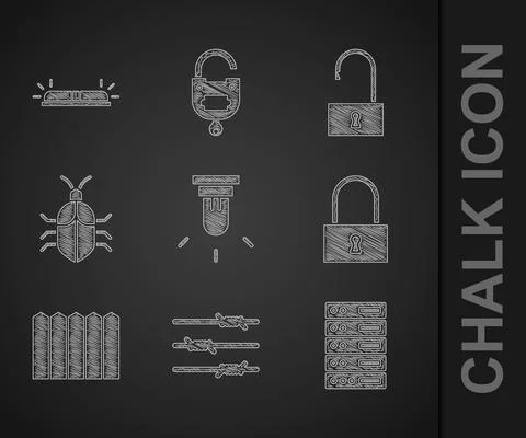 Set Motion sensor, Barbed wire, Server, Data, Web Hosting, Lock, Garden fence Illustrazione stock