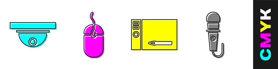 Set Motion sensor, Computer mouse, Graphic tablet and Microphone icon. Vector Stock Illustration