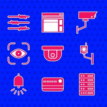 Set Motion sensor, Credit card, Server, Data, Web Hosting, Security camera Stock Illustration
