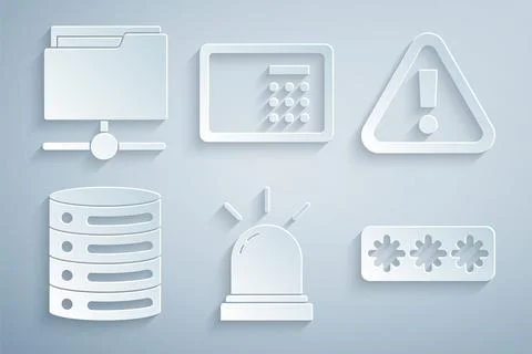 Set Motion sensor, Exclamation mark in triangle, Server, Data, Web Hosting,.. Stock Illustration