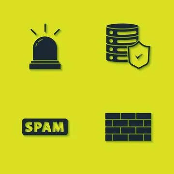 Set Motion sensor, Firewall, security wall, Spam and Server with shield icon Illustrazione stock