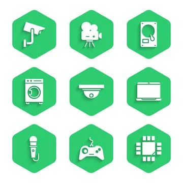 Set Motion sensor, Gamepad, Processor with microcircuits CPU, Laptop, Microphone Stock Illustration