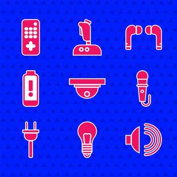 Set Motion sensor, Light bulb with concept of idea, Speaker volume, Microphone Stock Illustration