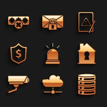 Set Motion sensor, Network cloud connection, Server, Data, Web Hosting, House Stock Illustration