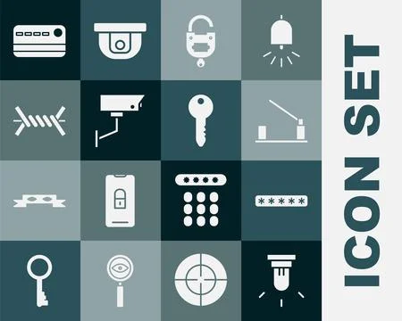Set Motion sensor, Password protection, Parking car barrier, Lock and key, .. Illustrazione stock