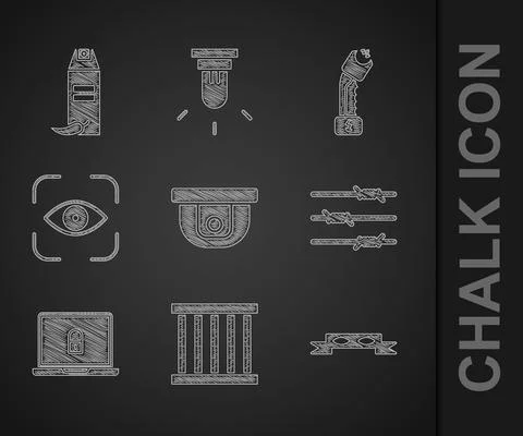 Set Motion sensor, Prison window, Thief eye mask, Barbed wire, Laptop and lock Illustrazione stock