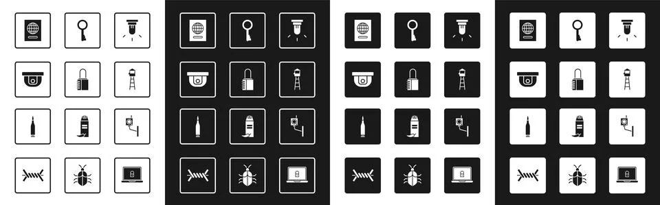Set Motion sensor, Safe combination lock, Passport, Watch tower, Old key Illustrazione stock