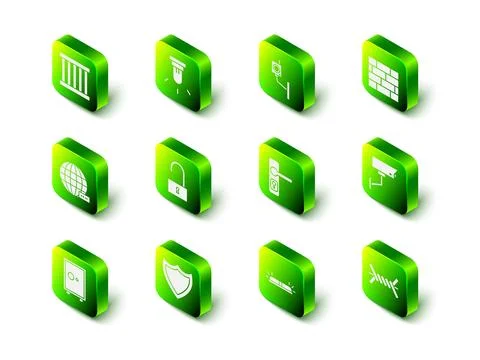 Set Motion sensor, Security camera, Bricks, Barbed wire, Door handle, Flasher Stock Illustration