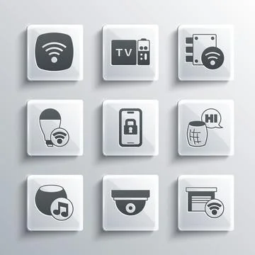 Set Motion sensor, Smart garage, Voice assistant, Digital door lock, light bulb Stock Illustration