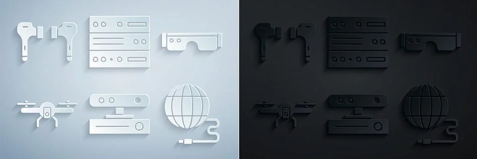 Set Motion sensor, Smart glasses, Drone flying, Social network, Server, Data, Stock Illustration