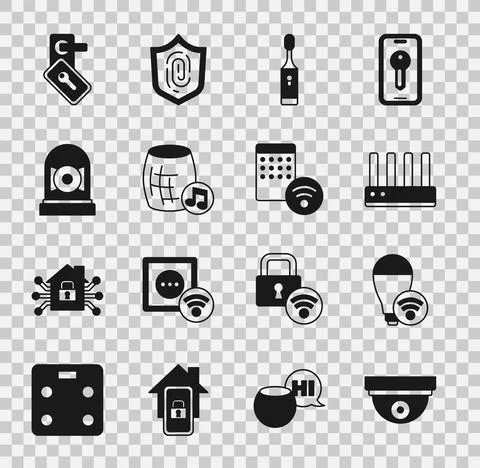 Set Motion sensor, Smart light bulb, Router and wi-fi signal, Electric Illustration