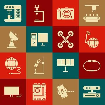 Set Motion sensor, Smartwatch, Social network, Mirrorless camera, Computer Stock Illustration
