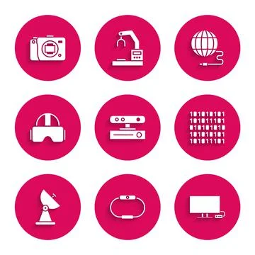 Set Motion sensor, Smartwatch, Tv, Binary code, Radar, Virtual reality glasses Stock Illustration