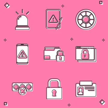 Set Motion sensor, Tablet with exclamation mark, Safe, Mobile, Folder and lock Stockillustratie