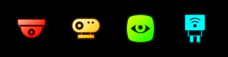 Set Motion sensor, Web camera, Security and Smart electric plug icon. Vector Stock Illustration