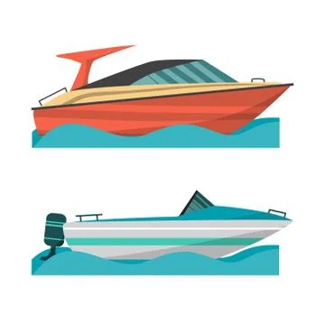Set motor boat and small boat with outboard motor. Sea or river Stock Illustration