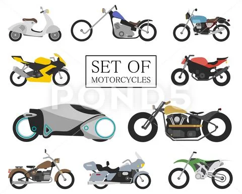 Set of motorcycle icons. retro and modern flat bikes. racing and street Stock Illustration