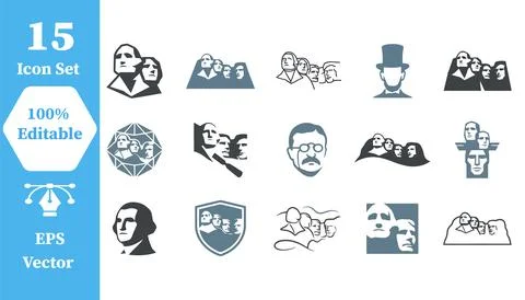 Set of mount rushmore national memorial icons with rushmore monument sculptur Stock Illustration