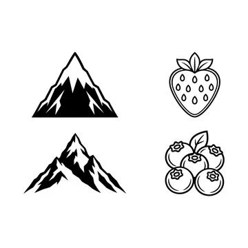 Set of mountain and fruit icons in black and white Stock Illustration