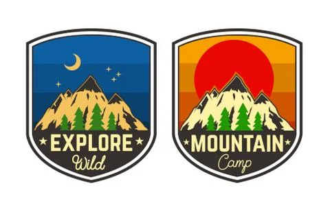 Set of mountain camping emblems. Design element for logo, label, sign, poster Ilustração Stock